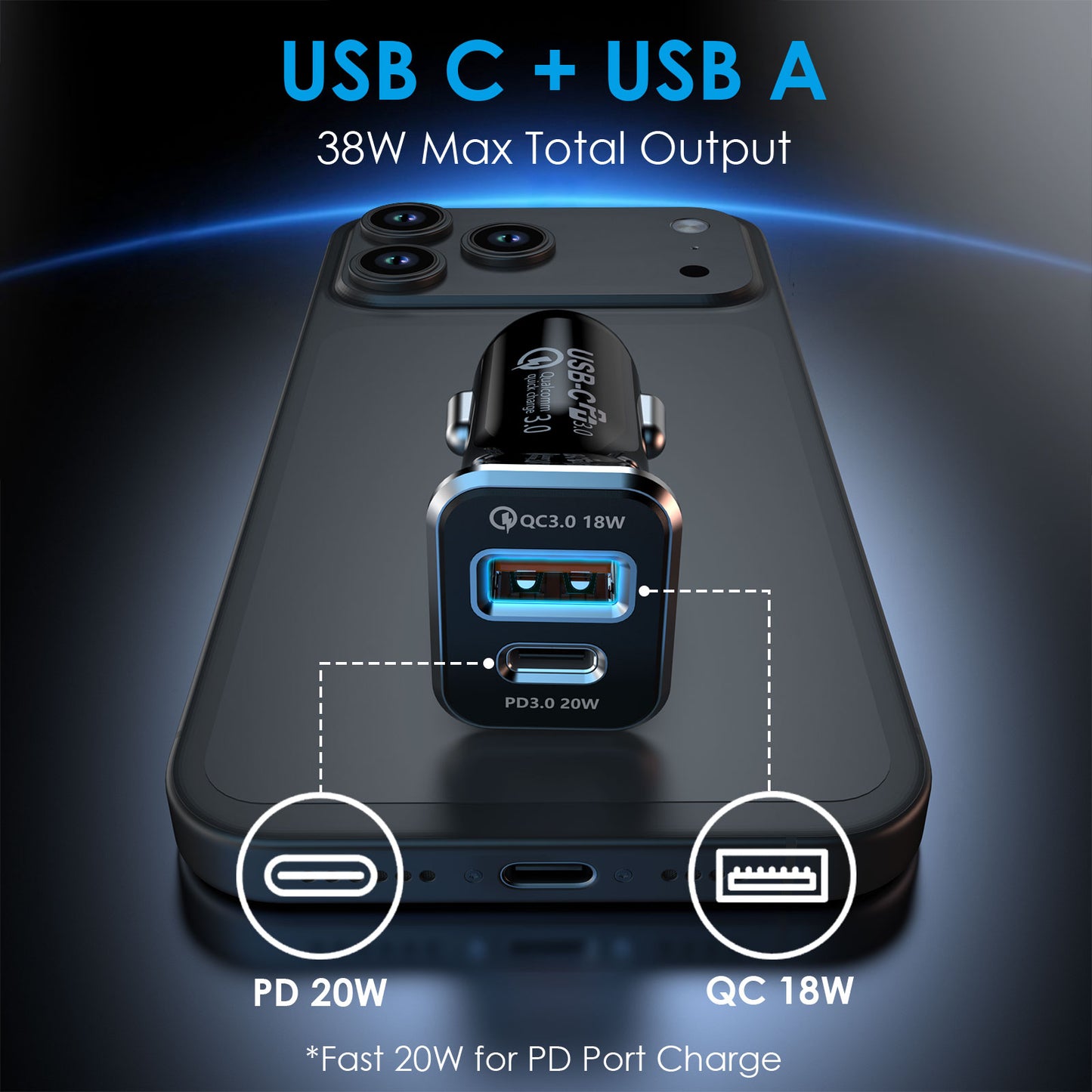 TECHGEAR 38W USB C Car Charger 12V/24V [PD 20W + QC3.0 18W] Dual Port Fast Charging Cigarette Lighter USB Adapter for Mobile, Tablets, Gaming Devices etc