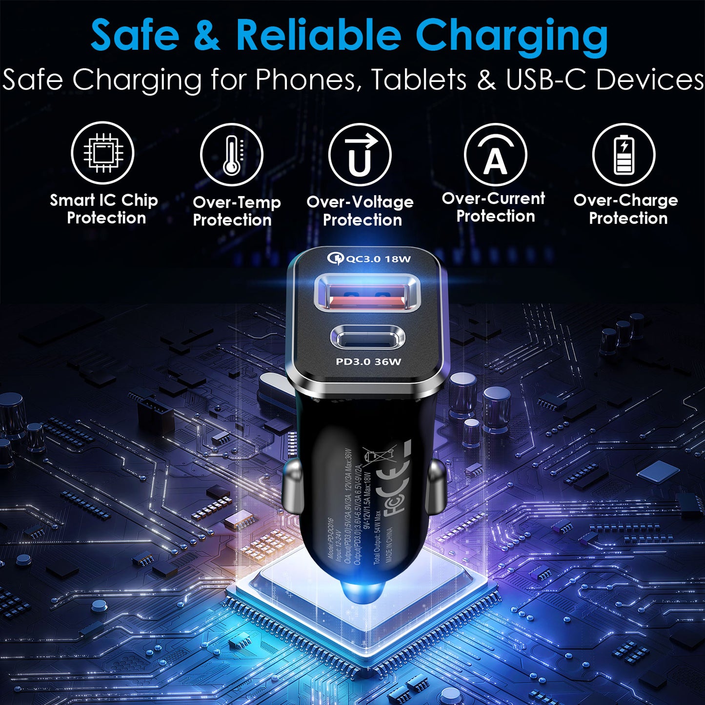 TECHGEAR 54W USB C Car Charger 12V/24V [PD 36W + QC3.0 18W] Dual Port Fast Charging Cigarette Lighter USB Adapter for Mobile, Tablets, Gaming Devices etc