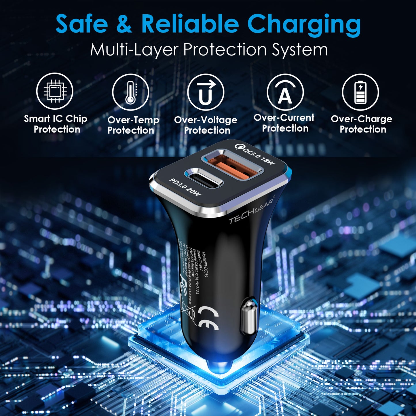 TECHGEAR 38W USB C Car Charger 12V/24V [PD 20W + QC3.0 18W] Dual Port Fast Charging Cigarette Lighter USB Adapter for Mobile, Tablets, Gaming Devices etc