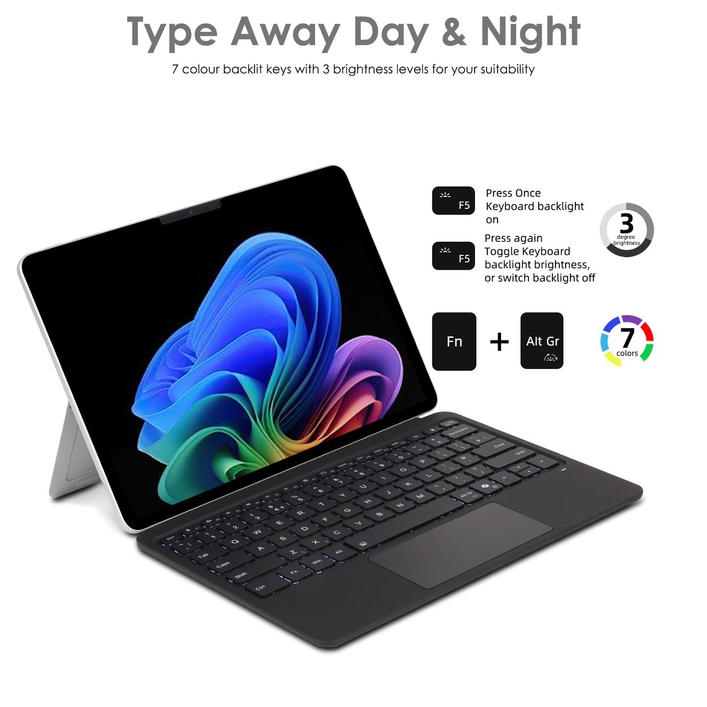 [Surface Keyboard] Slim Wireless Bluetooth Keyboard Cover, 7 Color Backlight, Precision Multi-Touch Trackpad for Microsoft Surface Pro 12