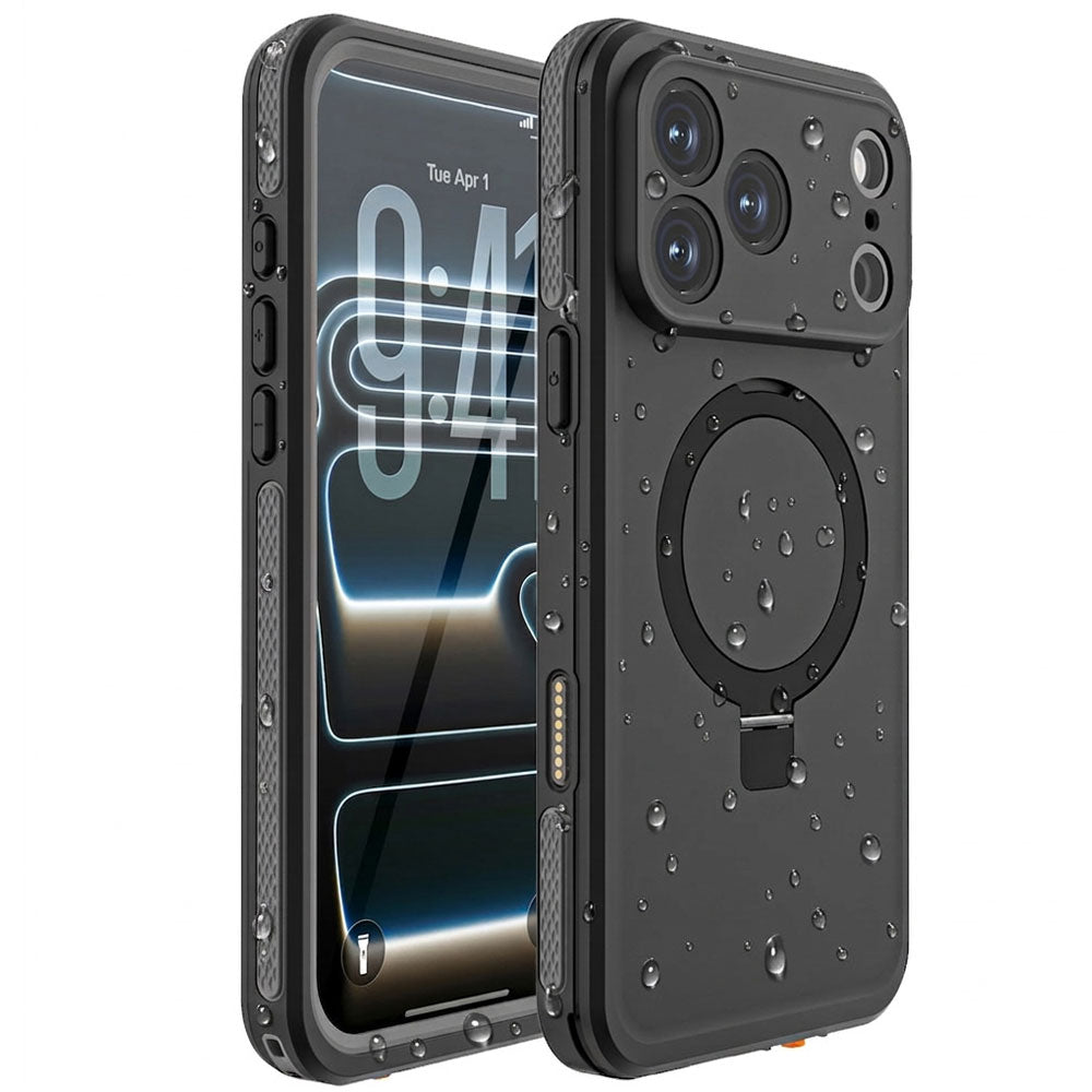 TECHGEAR Waterproof Magnetic Stand Case for iPhone 17 Pro Max 6.9" – IP68 Shockproof MagSafe Compatible Cover (Black / Orange)