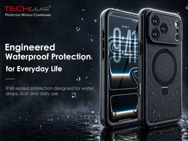 TECHGEAR Waterproof Magnetic Stand Case for iPhone 17 Pro Max 6.9" – IP68 Shockproof MagSafe Compatible Cover (Black / Orange)