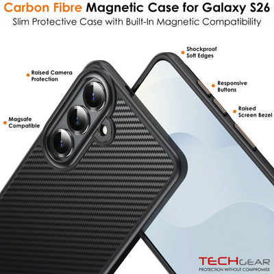 TECHGEAR Carbon Fibre Case for Samsung Galaxy S26 - Magnetic Slim Shockproof Hard Back Cover, Wireless Charging Compatible