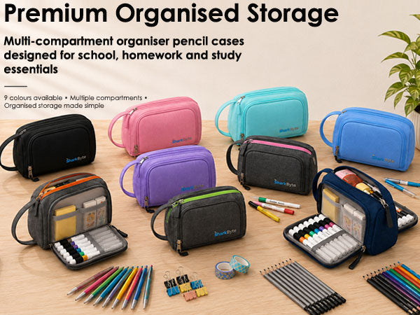 SharkByte Large Pencil Case Organiser - Big Capacity Stationery Storage Pouch with Compartments for School, College, Study, Office, Travel & Everyday Organisation