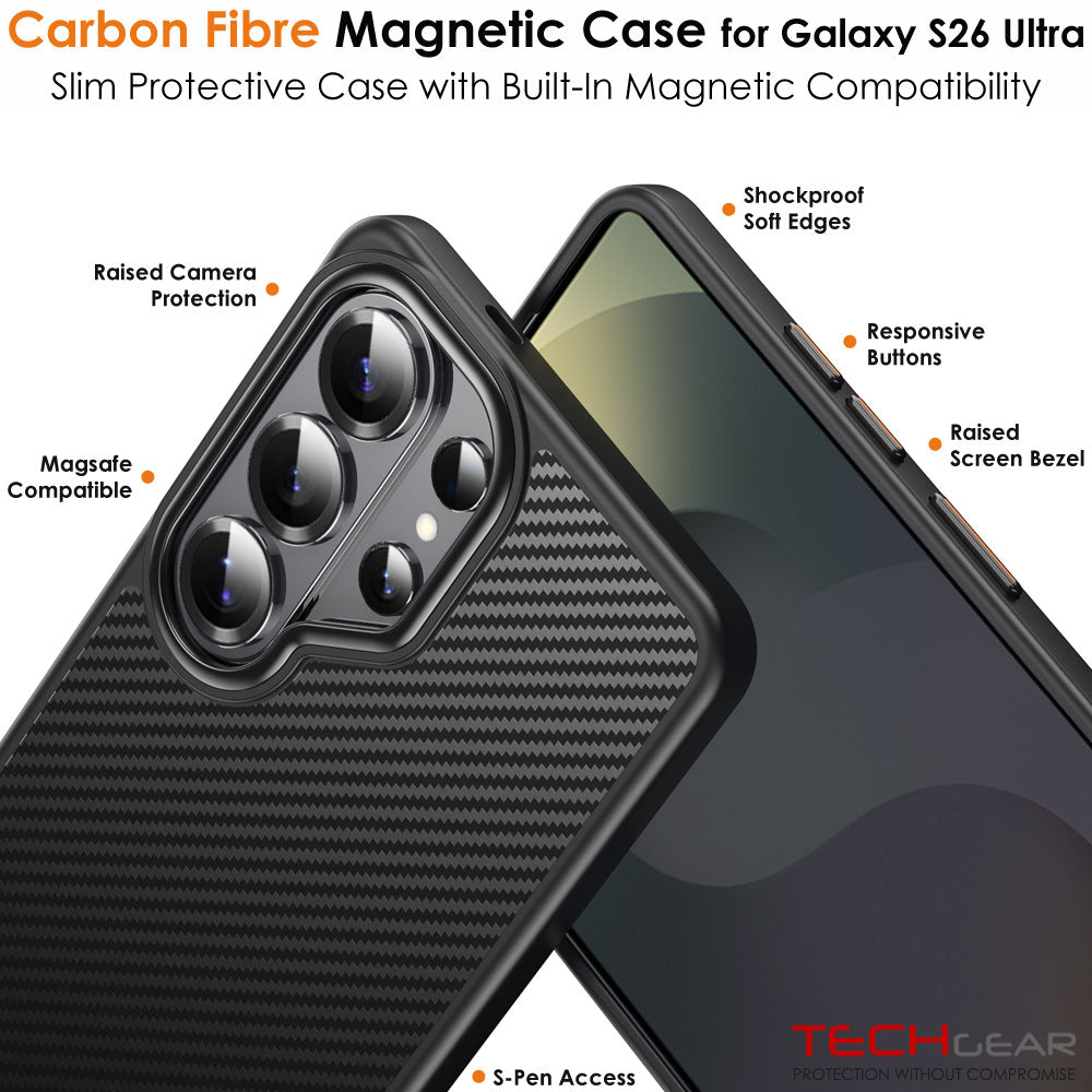TECHGEAR Carbon Fibre Case for Samsung Galaxy S26 Ultra - Magnetic Slim Shockproof Hard Back Cover, Wireless Charging Compatible