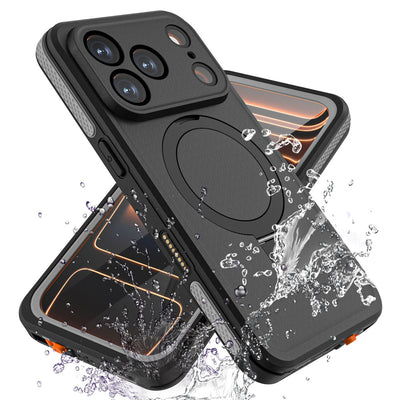 TECHGEAR Waterproof Magnetic Stand Case for iPhone 17 Pro Max 6.9" – IP68 Shockproof MagSafe Compatible Cover (Black / Orange)