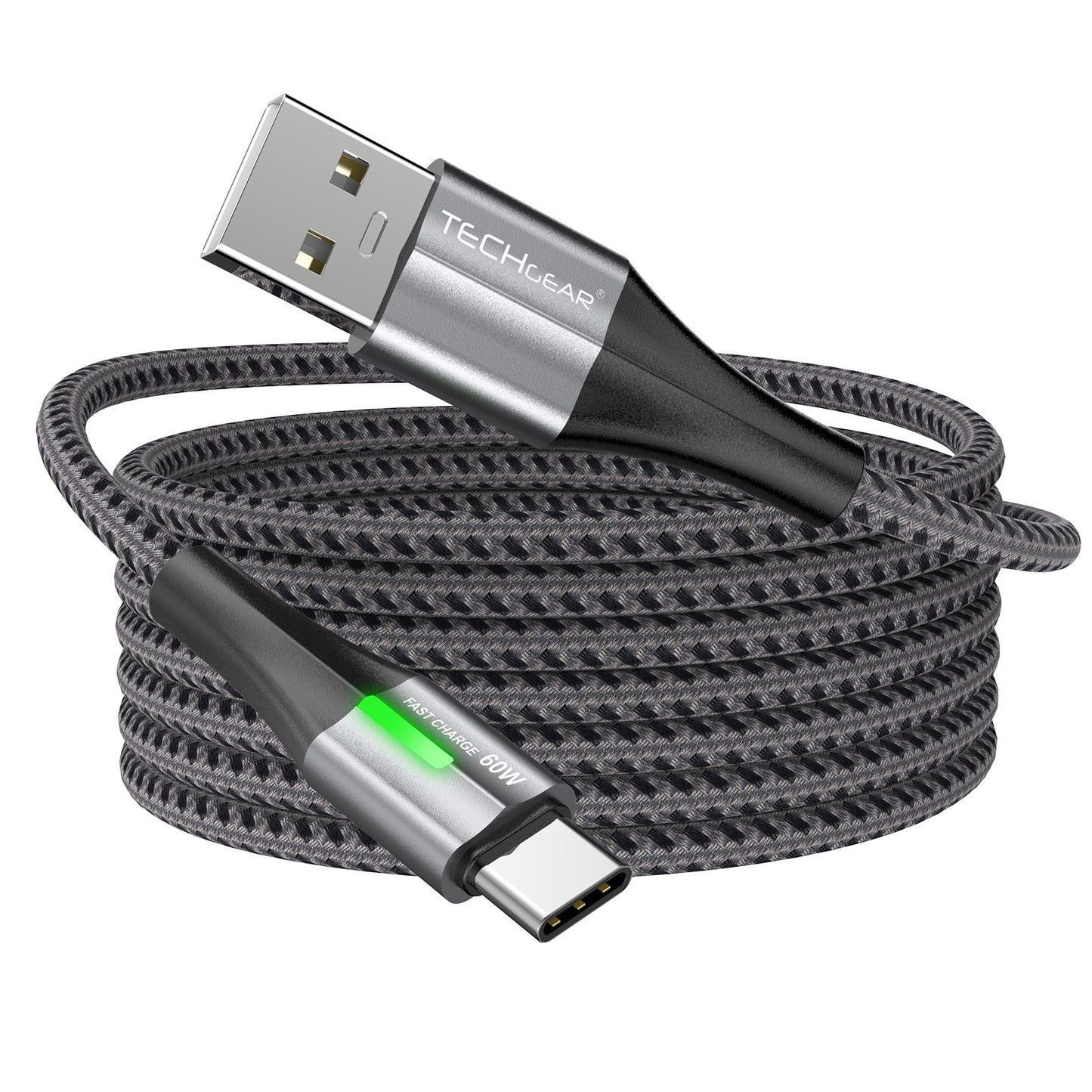 TECHGEAR 60 W USB-A to USB-C Fast Charging Cable with LED Light – 3A QC 3.0, Nylon Braided, 0.3 m | 1 m | 2 m | 3 m | 2 Pack | 3 Pack