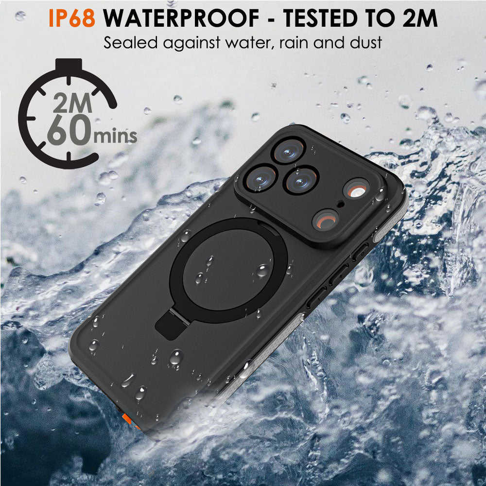 TECHGEAR Waterproof Magnetic Stand Case for iPhone 17 Pro 6.3" – IP68 Shockproof MagSafe Compatible Cover (Black / Orange)