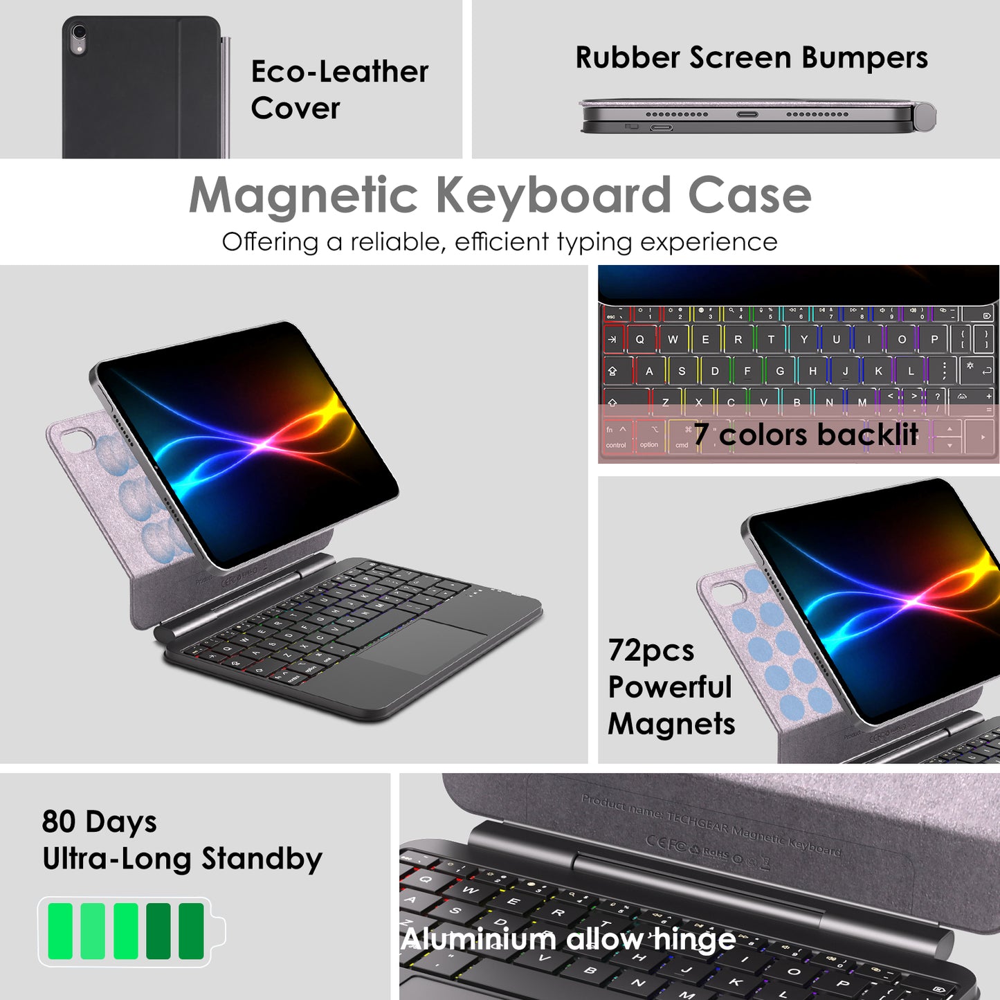 TECHGEAR Magic Keyboard Case for iPad Mini 7 (A17 Pro) & Mini 6 – Magnetic Floating Stand, Trackpad, 7-Colour Backlit UK QWERTY, Slim Portable Folio