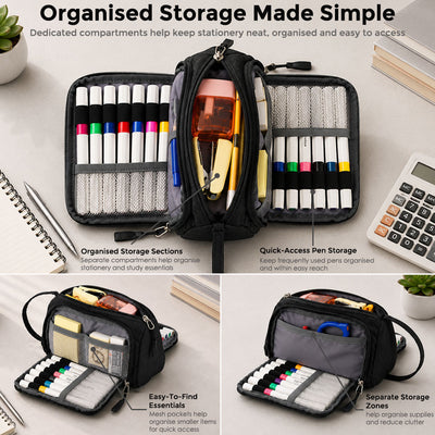 SharkByte Large Pencil Case Organiser - Big Capacity Stationery Storage Pouch with Compartments for School, College, Study, Office, Travel & Everyday Organisation