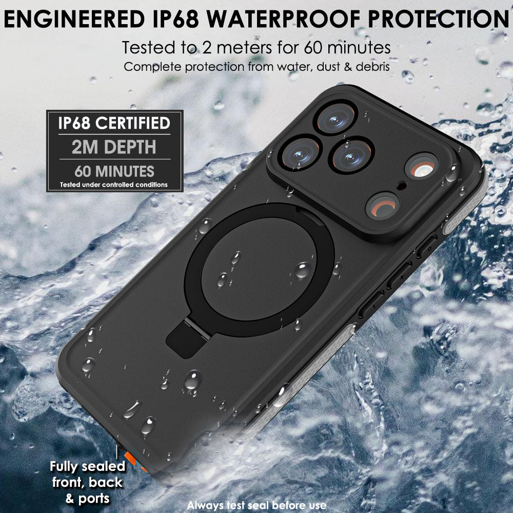TECHGEAR Waterproof Magnetic Stand Case for iPhone 17 Pro Max 6.9" – IP68 Shockproof MagSafe Compatible Cover (Black / Orange)