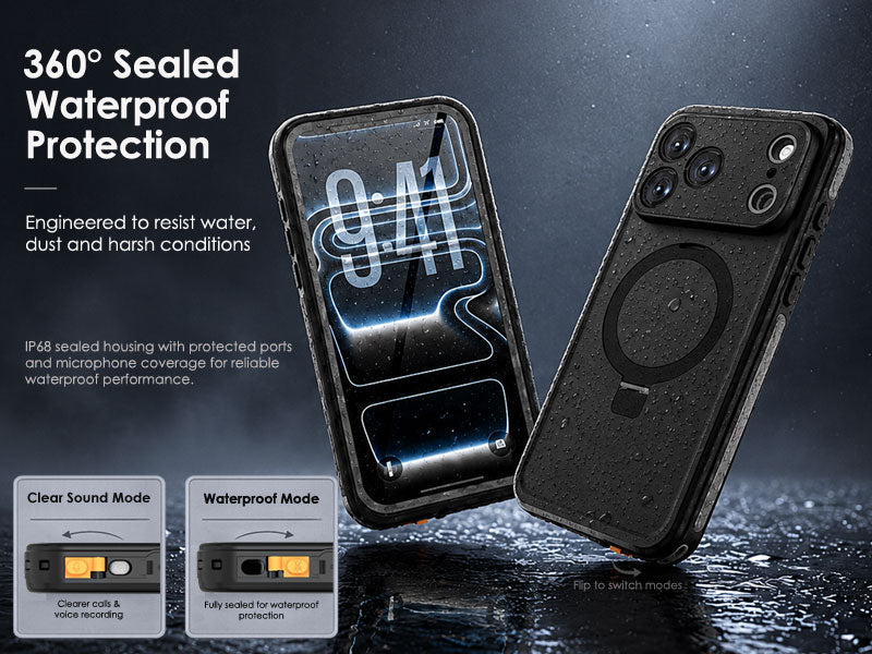 TECHGEAR Waterproof Magnetic Stand Case for iPhone 17 Pro 6.3" – IP68 Shockproof MagSafe Compatible Cover (Black / Orange)