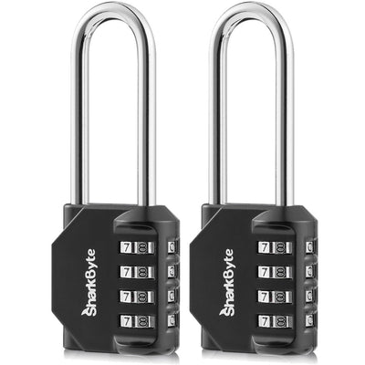 SharkByte Long Shackle Combination Padlock – Heavy Duty 4-Digit Weatherproof Outdoor Lock for Gym, School, Shed, Gate & Garage (1 / 2 / 3 Pack)