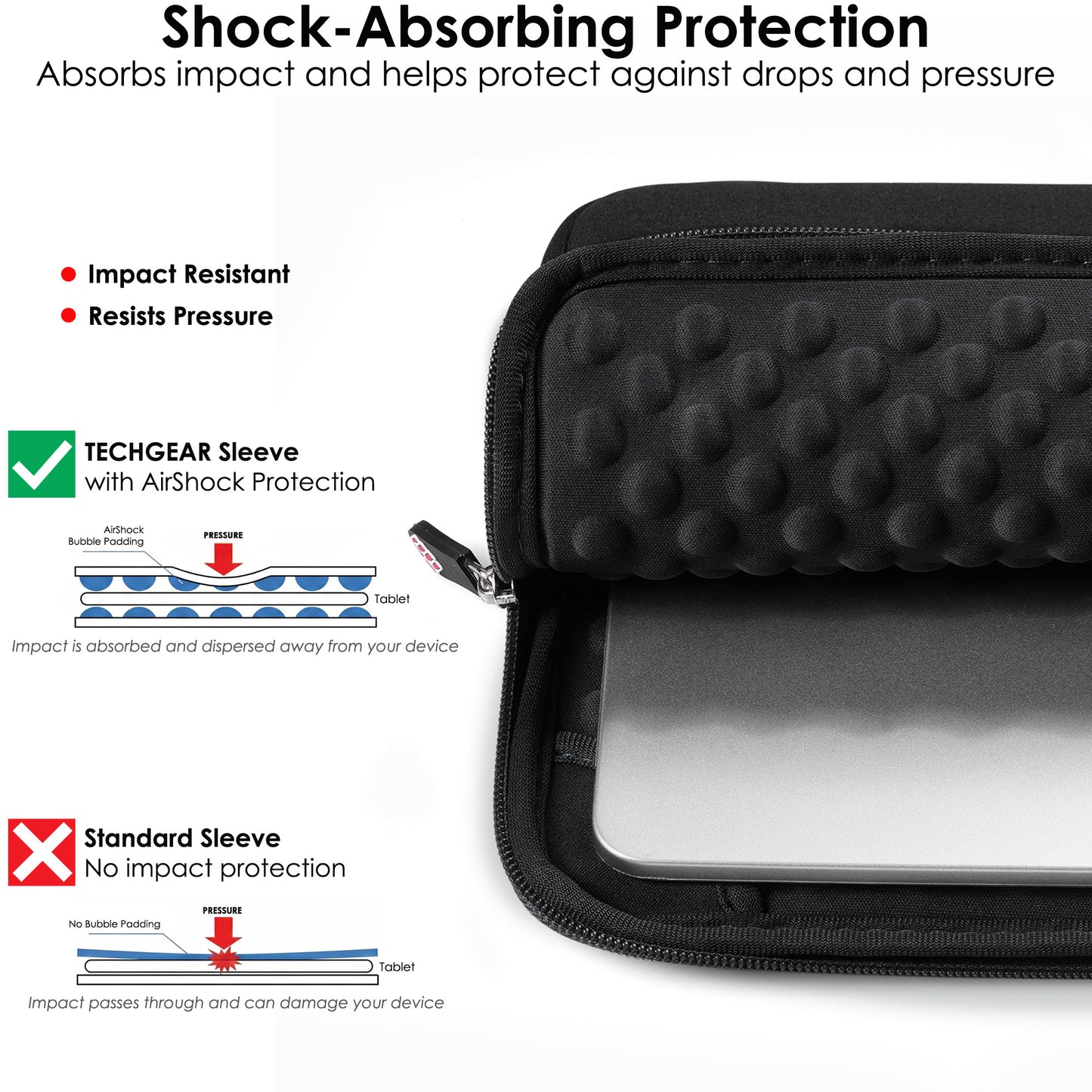 TECHGEAR Tablet Sleeve Case 7–13 Inch - Shockproof Neoprene Pouch with Bubble Protection, Zip Pocket, Slim Protective iPad Samsung Tablet Laptop Sleeve
