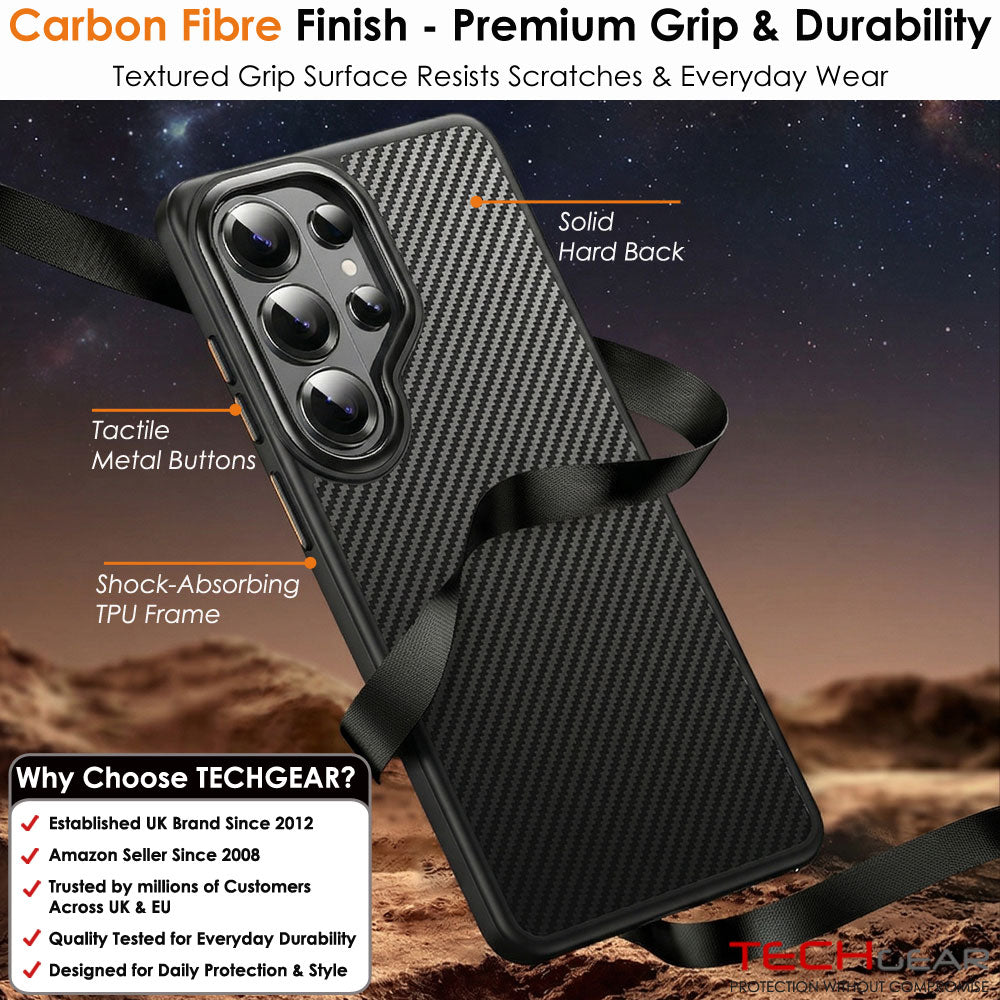 TECHGEAR Carbon Fibre Case for Samsung Galaxy S26 Ultra - Magnetic Slim Shockproof Hard Back Cover, Wireless Charging Compatible