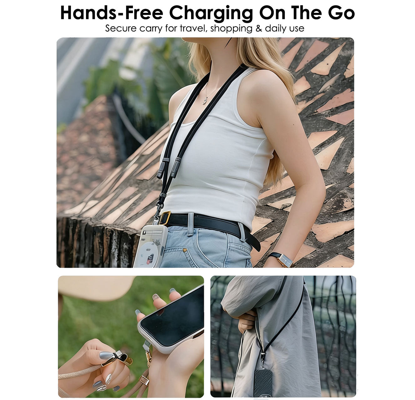 TECHGEAR USB-C to USB-C Lanyard Charging Cable 100W PD, Adjustable 45-80cm Wearable Crossbody Phone Neck Strap, Braided Fast Charge Cable