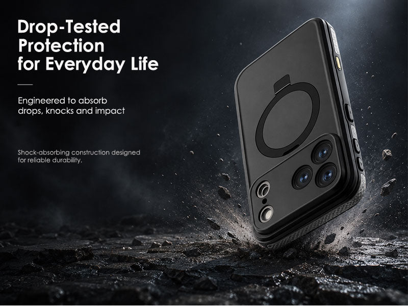 TECHGEAR Waterproof Magnetic Stand Case for iPhone 17 Pro 6.3" – IP68 Shockproof MagSafe Compatible Cover (Black / Orange)