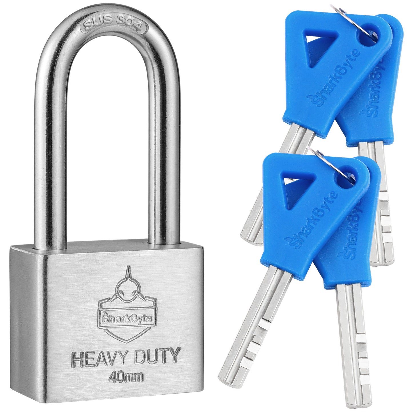 Sharkbyte [Never Rust] Long Shackle Heavy Duty Waterproof Outdoor Padlock with 4 Keys [40mm / 50mm] 100% Stainless Steel Hardened Body & Mechanism, Weatherproof Lock, Anti-Corrosion for Locker, Shed, Garage, Gym etc