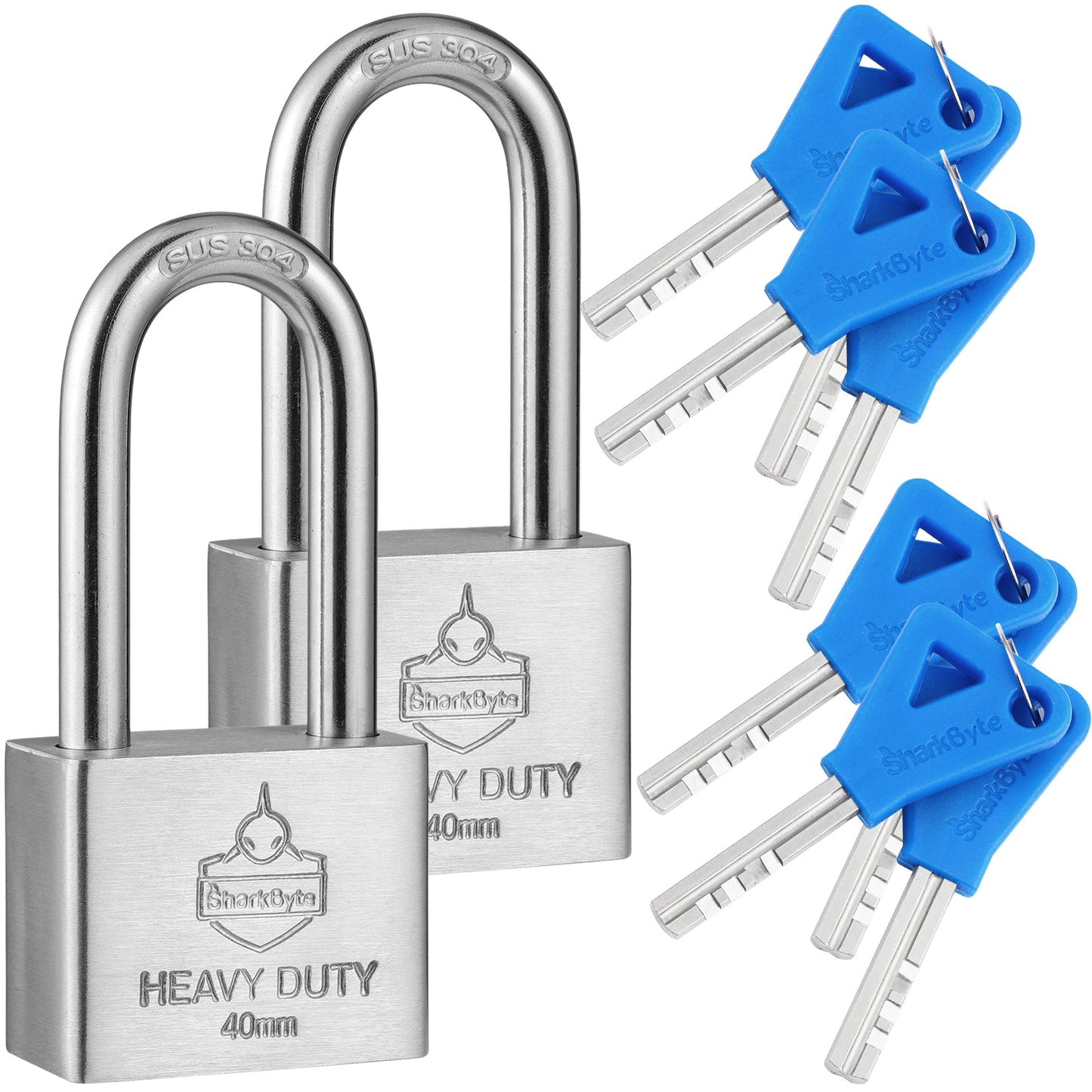 Sharkbyte [Never Rust] Long Shackle Heavy Duty Waterproof Outdoor Padlock with 4 Keys [40mm / 50mm] 100% Stainless Steel Hardened Body & Mechanism, Weatherproof Lock, Anti-Corrosion for Locker, Shed, Garage, Gym etc