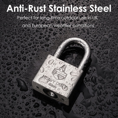 Sharkbyte [Never Rust] Heavy Duty Waterproof Outdoor Padlock with 4 Keys [33mm / 40mm / 50mm] 100% Stainless Steel Hardened Body & Mechanism, Weatherproof Lock, Anti-Corrosion for Locker, Shed, Garage, Gym etc