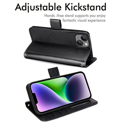 [Wallet Case] Protective Cover with Cash & Card Holder, Stand and Wrist Strap For Apple iPhone 15