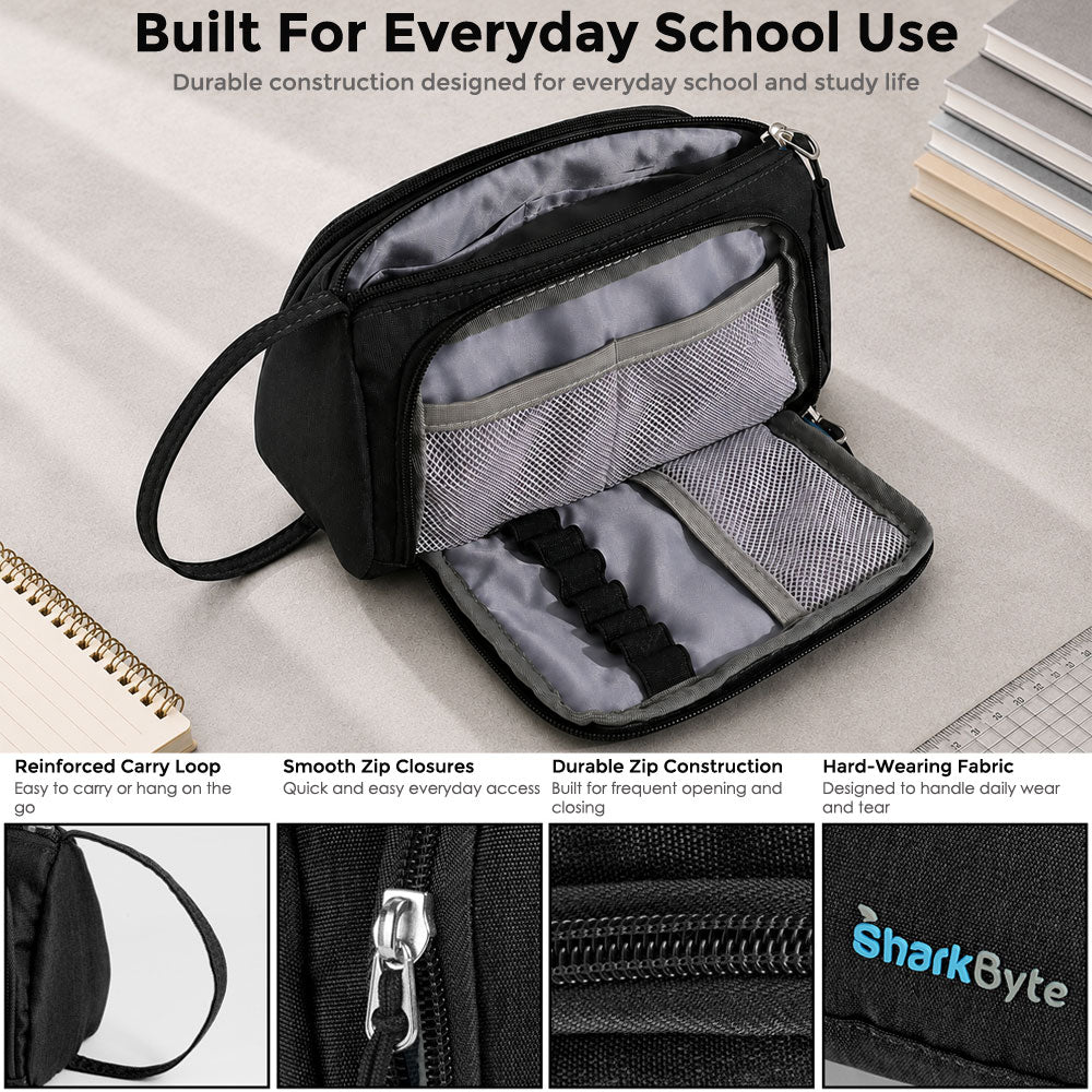SharkByte Large Pencil Case Organiser - Big Capacity Stationery Storage Pouch with Compartments for School, College, Study, Office, Travel & Everyday Organisation