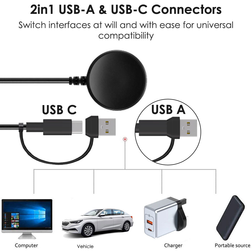 TECHGEAR 2-in-1 Charging Cable Dock for Samsung Galaxy Watch 8 / 8 Classic / 7 / Watch FE / Watch Ultra / 6 / 6 Classic / 5 / 5 Pro / 4 / 4 Classic / 3 / Watch Active / Active 2 – USB-A + USB-C Magnetic Fast Charging (1m/2m, 1 Pack/2 Pack)