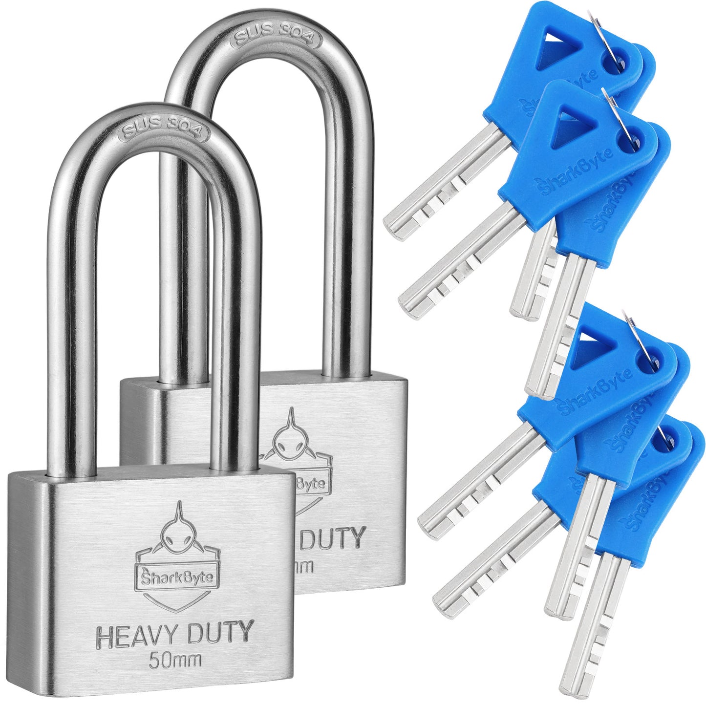 Sharkbyte [Never Rust] Long Shackle Heavy Duty Waterproof Outdoor Padlock with 4 Keys [40mm / 50mm] 100% Stainless Steel Hardened Body & Mechanism, Weatherproof Lock, Anti-Corrosion for Locker, Shed, Garage, Gym etc