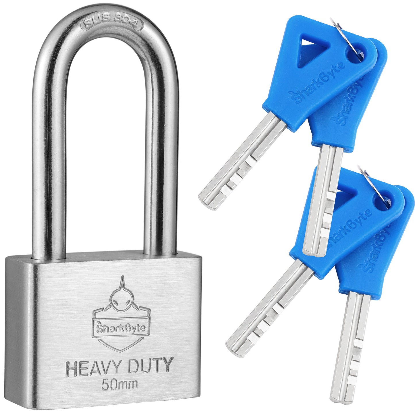 Sharkbyte [Never Rust] Long Shackle Heavy Duty Waterproof Outdoor Padlock with 4 Keys [40mm / 50mm] 100% Stainless Steel Hardened Body & Mechanism, Weatherproof Lock, Anti-Corrosion for Locker, Shed, Garage, Gym etc