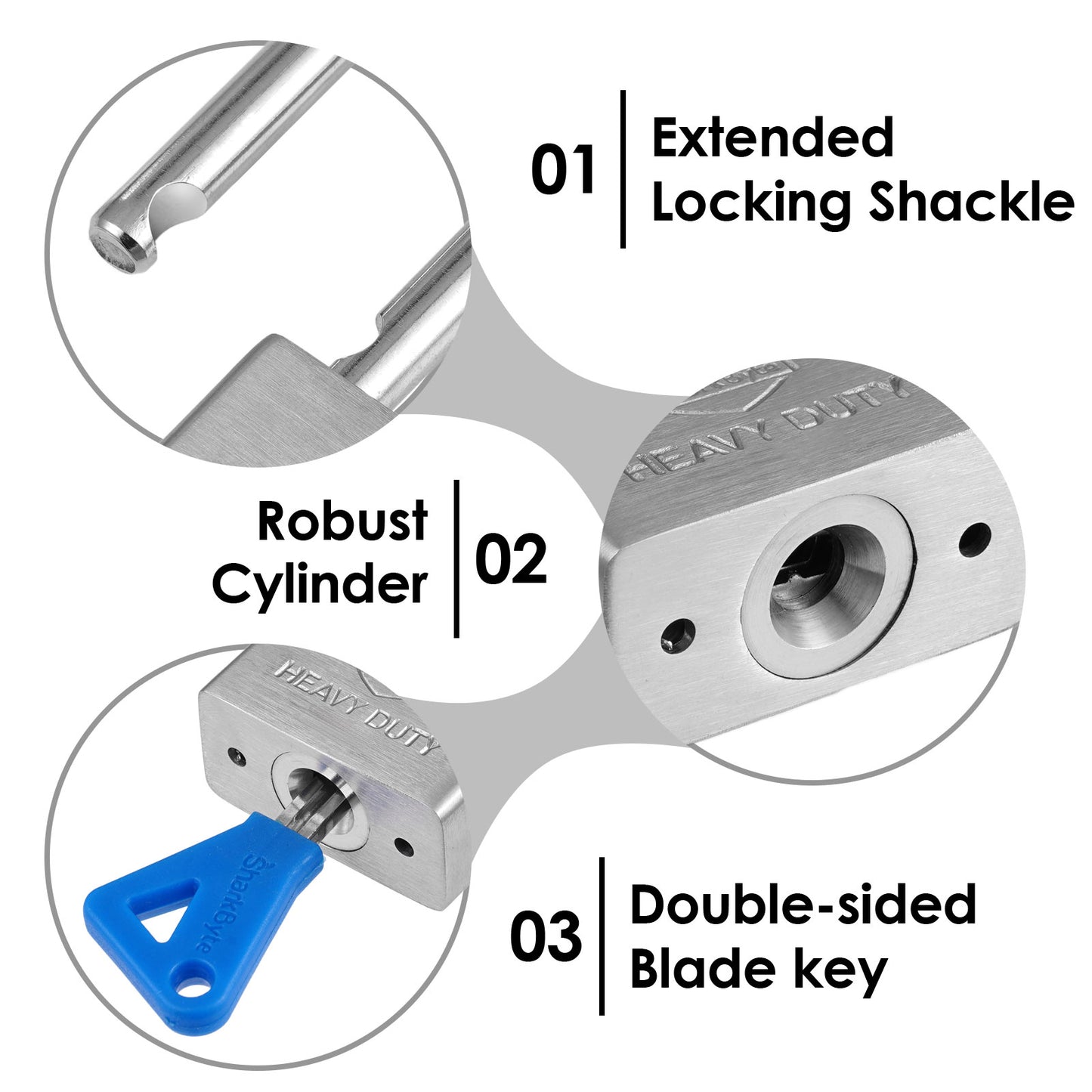 Sharkbyte [Never Rust] Long Shackle Heavy Duty Waterproof Outdoor Padlock with 4 Keys [40mm / 50mm] 100% Stainless Steel Hardened Body & Mechanism, Weatherproof Lock, Anti-Corrosion for Locker, Shed, Garage, Gym etc
