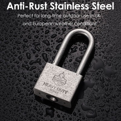 Sharkbyte [Never Rust] Long Shackle Heavy Duty Waterproof Outdoor Padlock with 4 Keys [40mm / 50mm] 100% Stainless Steel Hardened Body & Mechanism, Weatherproof Lock, Anti-Corrosion for Locker, Shed, Garage, Gym etc
