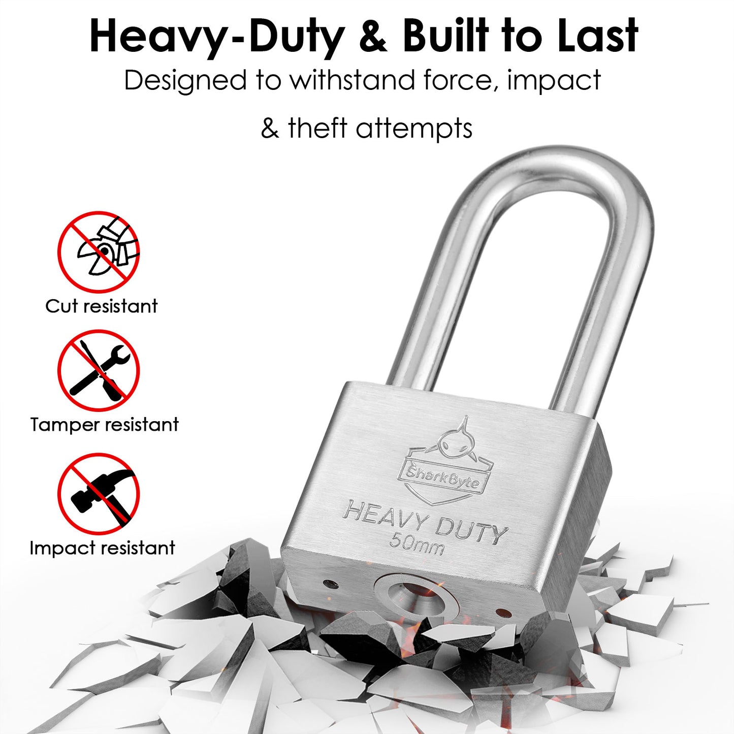 Sharkbyte [Never Rust] Long Shackle Heavy Duty Waterproof Outdoor Padlock with 4 Keys [40mm / 50mm] 100% Stainless Steel Hardened Body & Mechanism, Weatherproof Lock, Anti-Corrosion for Locker, Shed, Garage, Gym etc