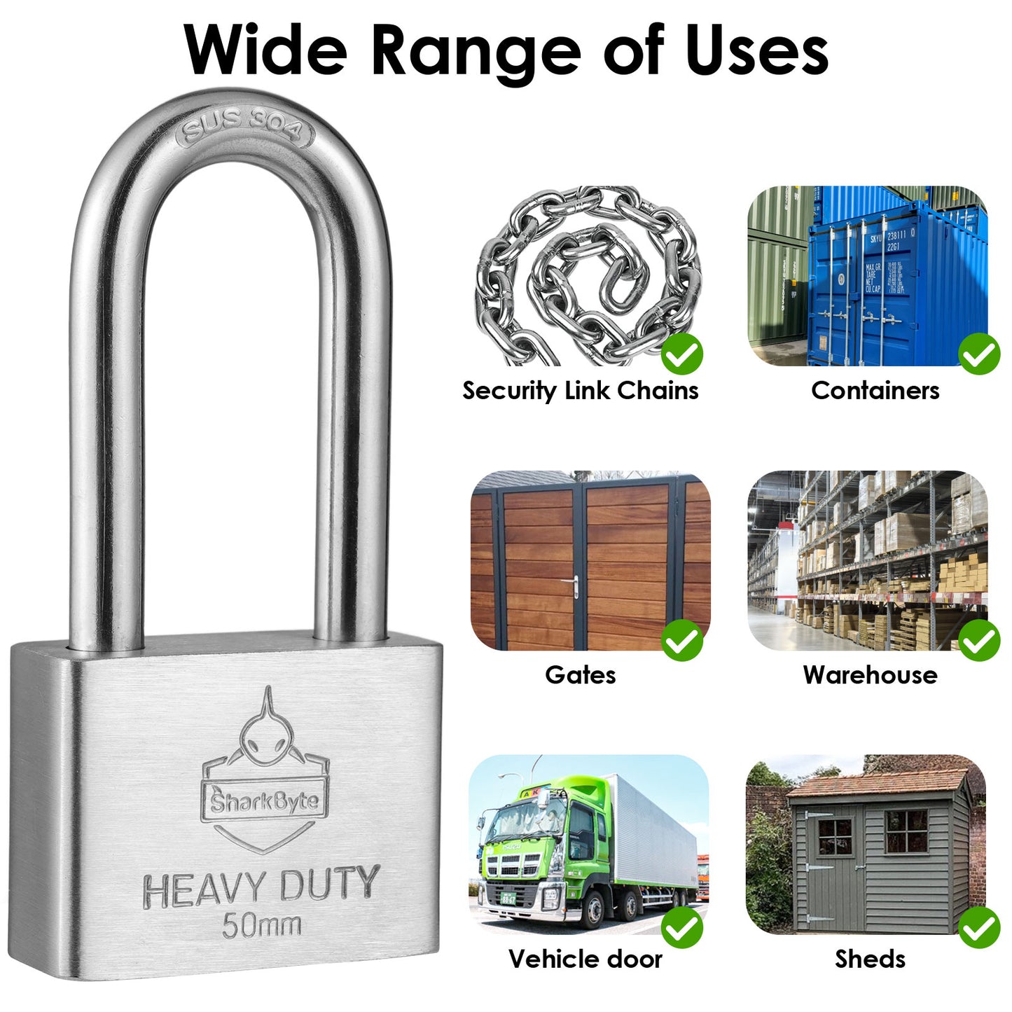 Sharkbyte [Never Rust] Long Shackle Heavy Duty Waterproof Outdoor Padlock with 4 Keys [40mm / 50mm] 100% Stainless Steel Hardened Body & Mechanism, Weatherproof Lock, Anti-Corrosion for Locker, Shed, Garage, Gym etc