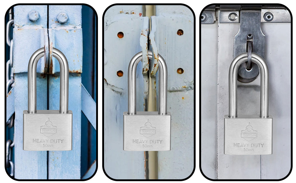 Sharkbyte [Never Rust] Long Shackle Heavy Duty Waterproof Outdoor Padlock with 4 Keys [40mm / 50mm] 100% Stainless Steel Hardened Body & Mechanism, Weatherproof Lock, Anti-Corrosion for Locker, Shed, Garage, Gym etc