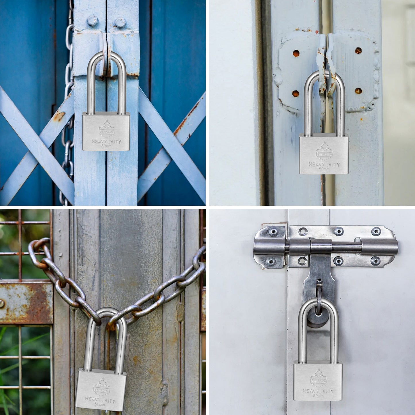 Sharkbyte [Never Rust] Long Shackle Heavy Duty Waterproof Outdoor Padlock with 4 Keys [40mm / 50mm] 100% Stainless Steel Hardened Body & Mechanism, Weatherproof Lock, Anti-Corrosion for Locker, Shed, Garage, Gym etc