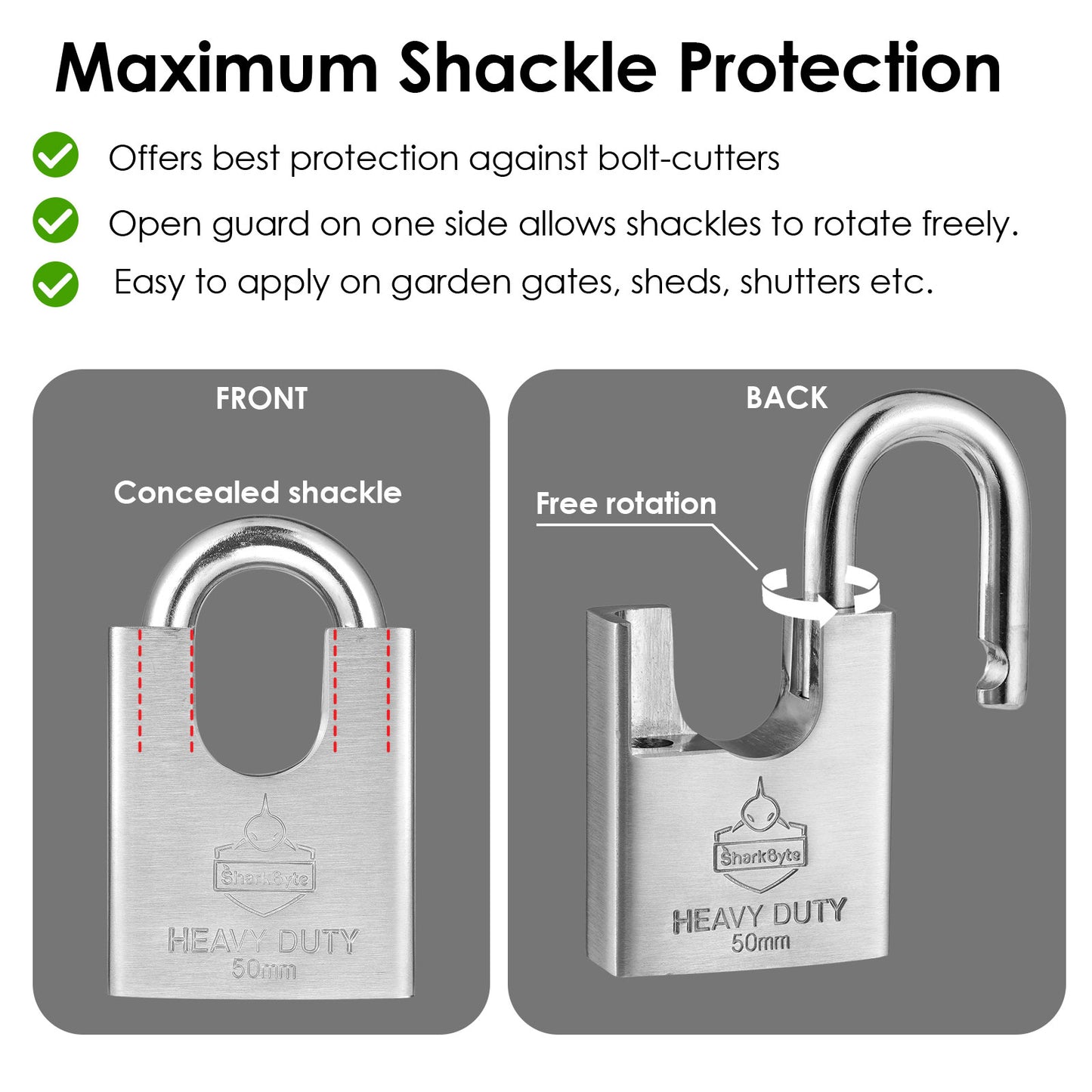 Sharkbyte [Never Rust] Concealed Shackle Heavy Duty Waterproof Outdoor Padlock with 4 Keys [50mm / 60mm] 100% Stainless Steel Hardened Body & Mechanism, Weatherproof Lock, Anti-Corrosion for Container, Locker, Shed, Warehouse, Garage, Gate etc