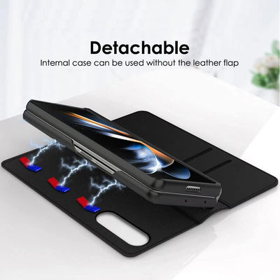 Galaxy Z Fold 5 Leather Wallet Case, Detachable Magnetic 2in1 Case with Screen Frame, Card Wallet & Stand - Black PU Leather for Samsung Z Fold 5