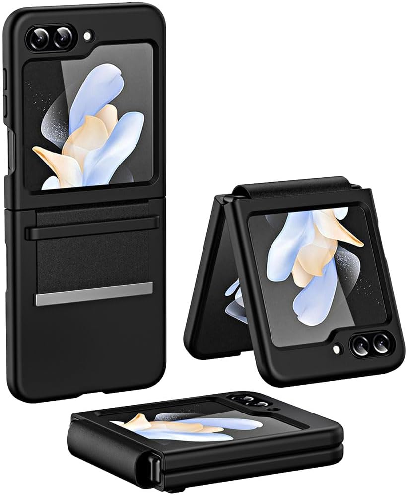 Samsung Galaxy Z Flip 5 Screen Protector Case, Z Flip 5 Case with Stylish Leather Hinge & Metal Trim, Hard PC Shockproof [Screen Protector] Case