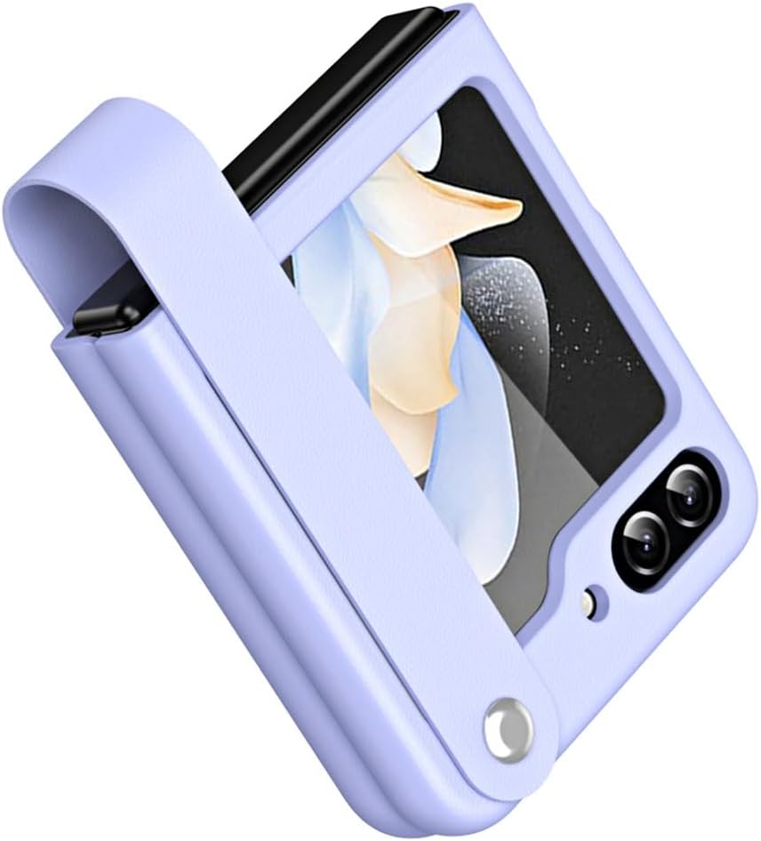 Samsung Galaxy Z Flip 5 Case, Z Flip 5 Leather Case with Leather Finger Holder, Hard PC Shockproof Case