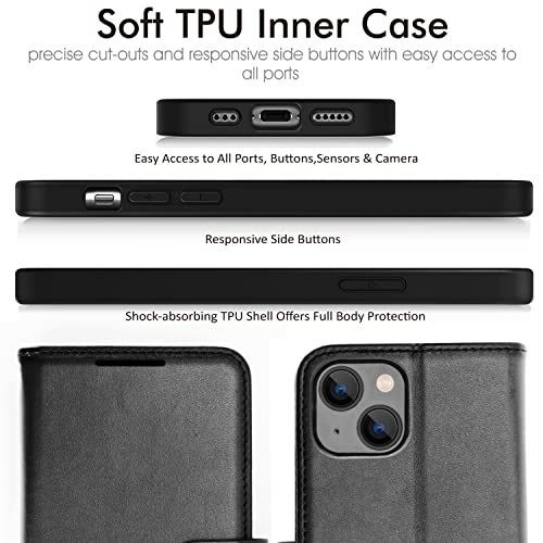 [Wallet Case] Protective Cover with Cash & Card Holder, Stand and Wrist Strap For Apple iPhone 15