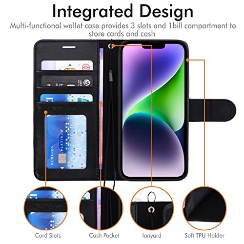 [Wallet Case] Protective Cover with Cash & Card Holder, Stand and Wrist Strap For Apple iPhone 15