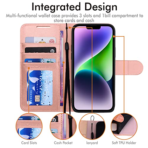 [Wallet Case] Protective Cover with Cash & Card Holder, Stand and Wrist Strap For Apple iPhone 15