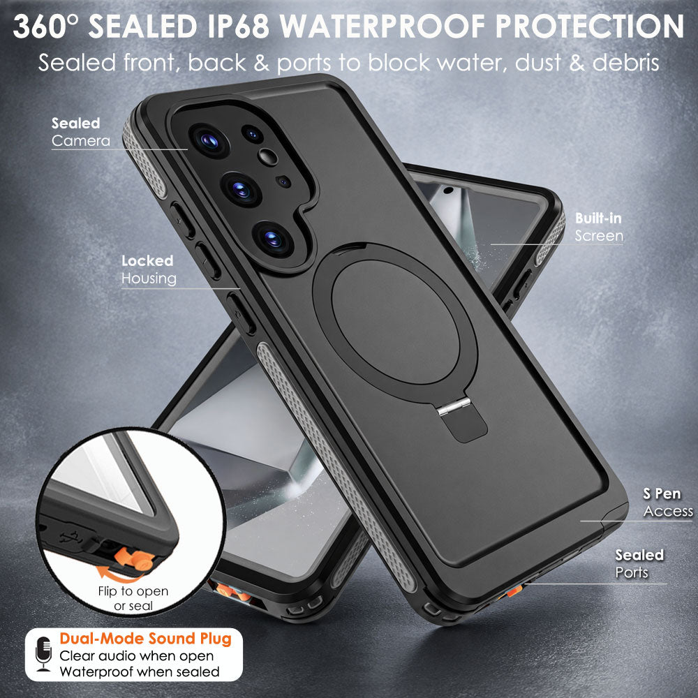 TECHGEAR Waterproof Magnetic Stand Case for Samsung Galaxy S25 Ultra – IP68 Shockproof Full Body Magnetic Charging Compatible Cover
