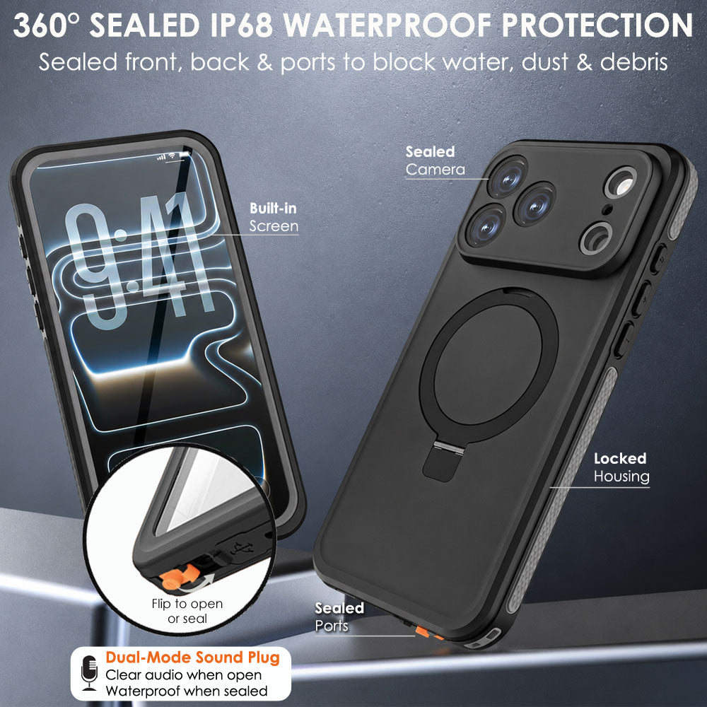 TECHGEAR Waterproof Magnetic Stand Case for iPhone 17 Pro 6.3" – IP68 Shockproof MagSafe Compatible Cover (Black / Orange)