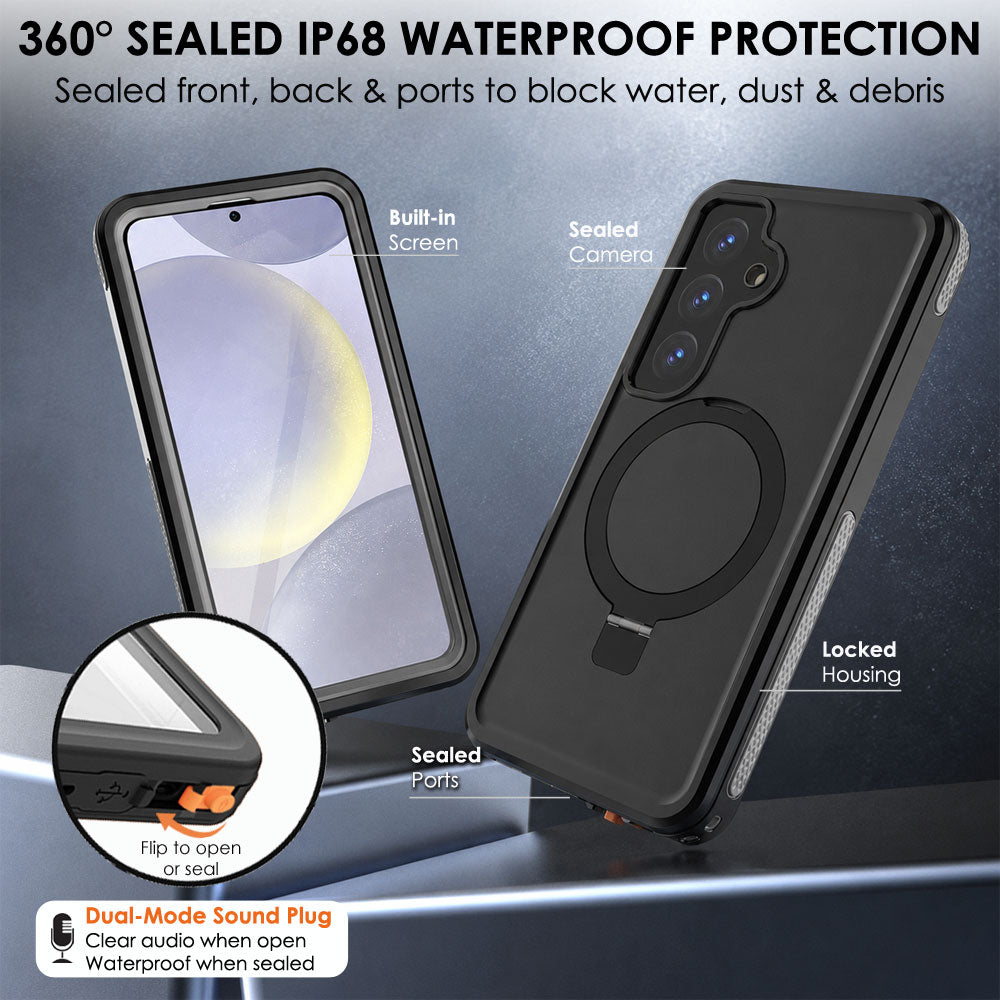 TECHGEAR Waterproof Magnetic Stand Case for Samsung Galaxy S25 – IP68 Shockproof Full Body Magnetic Charging Compatible Cover