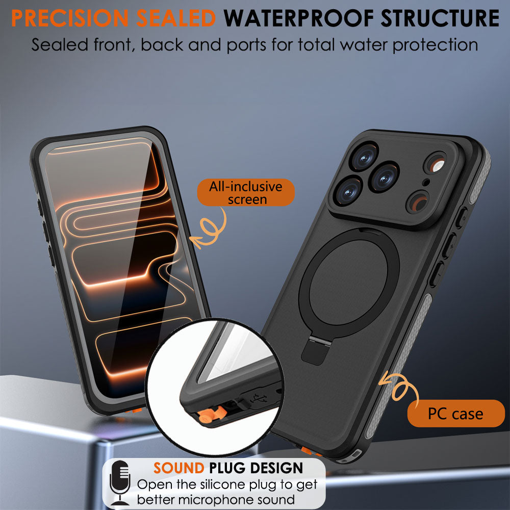 TECHGEAR Waterproof Magnetic Stand Case for iPhone 17 Pro 6.3" – IP68 Shockproof MagSafe Compatible Cover (Black / Orange)