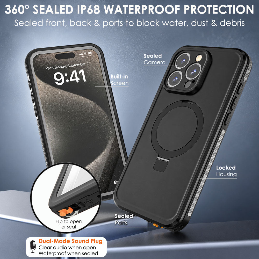 TECHGEAR Waterproof Magnetic Stand Case for iPhone 15 Pro Max 6.7" – IP68 Shockproof MagSafe Compatible Cover