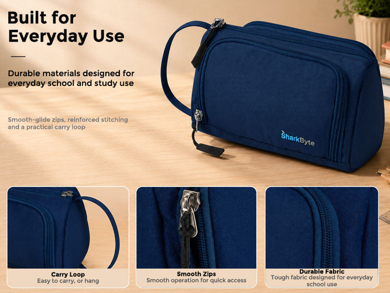SharkByte Large Pencil Case Organiser - Big Capacity Stationery Storage Pouch with Compartments for School, College, Study, Office, Travel & Everyday Organisation