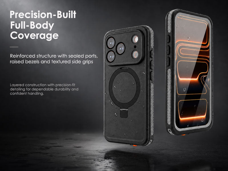 TECHGEAR Waterproof Magnetic Stand Case for iPhone 17 Pro Max 6.9" – IP68 Shockproof MagSafe Compatible Cover (Black / Orange)