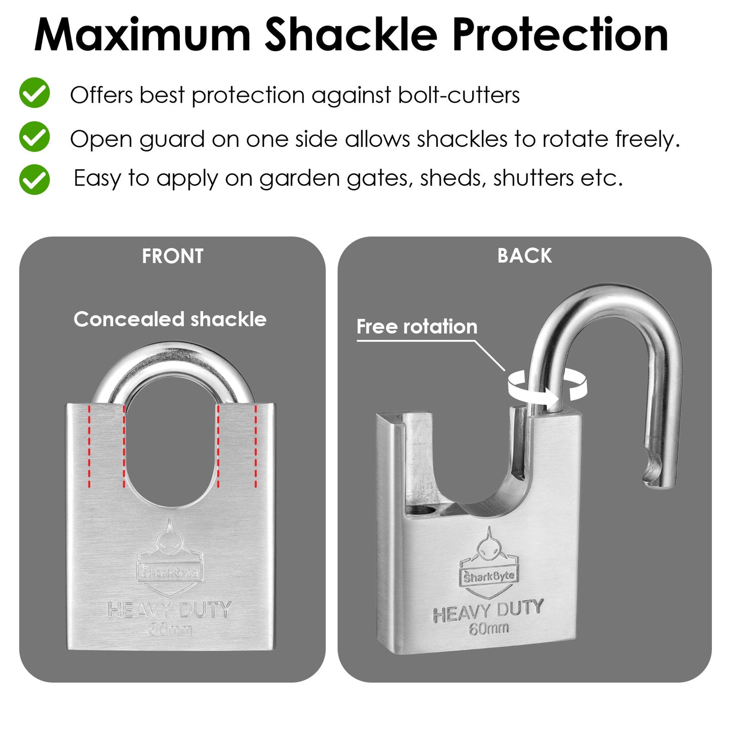 Sharkbyte [Never Rust] Concealed Shackle Heavy Duty Waterproof Outdoor Padlock with 4 Keys [50mm / 60mm] 100% Stainless Steel Hardened Body & Mechanism, Weatherproof Lock, Anti-Corrosion for Container, Locker, Shed, Warehouse, Garage, Gate etc